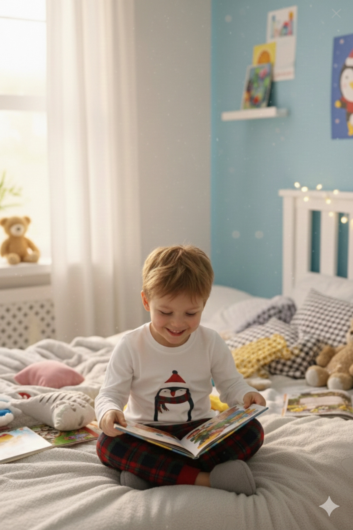 DOFİ Erkek Çocuk Kışlık Ekose Pijama Takımı – Penguen Baskılı, Bisiklet Yaka, Manşetli Paça fotoğrafı 2 (önizleme)