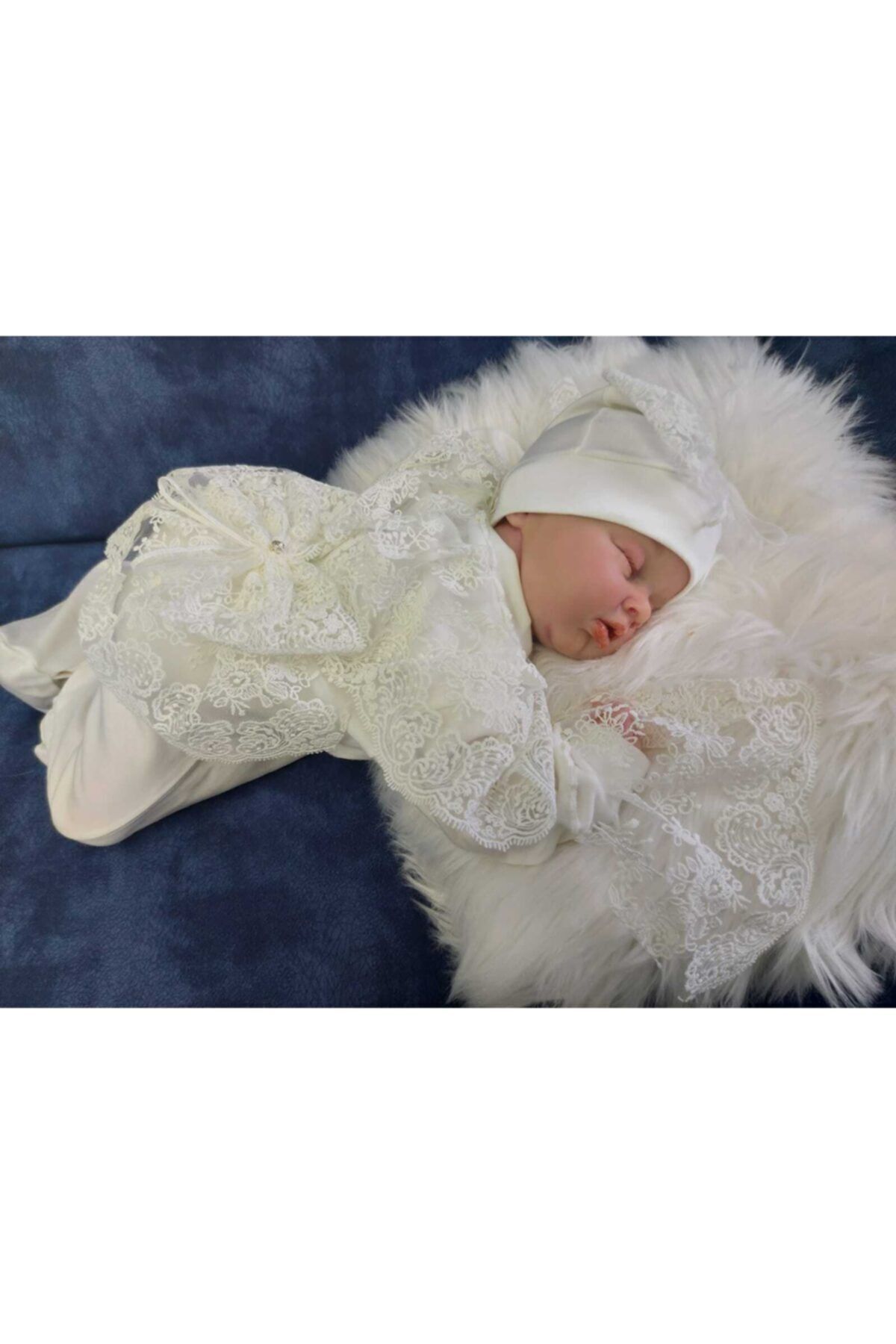 Şeker Tadında Tasarımlar Kız Bebek Ekru Fransız Güpür Detaylı Tulum Seti,Mevlit Takımı fotoğrafı 5 (önizleme)