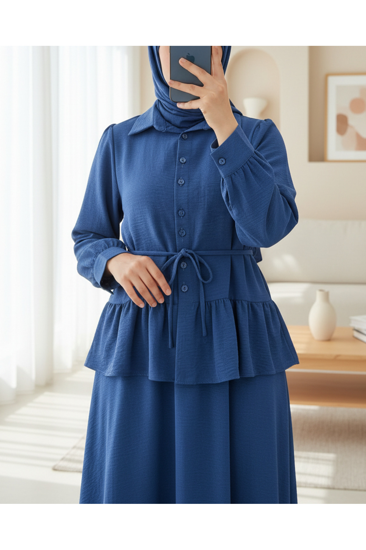 Modamorfo Parted Gathered Blouse Skirt Set -Indigo