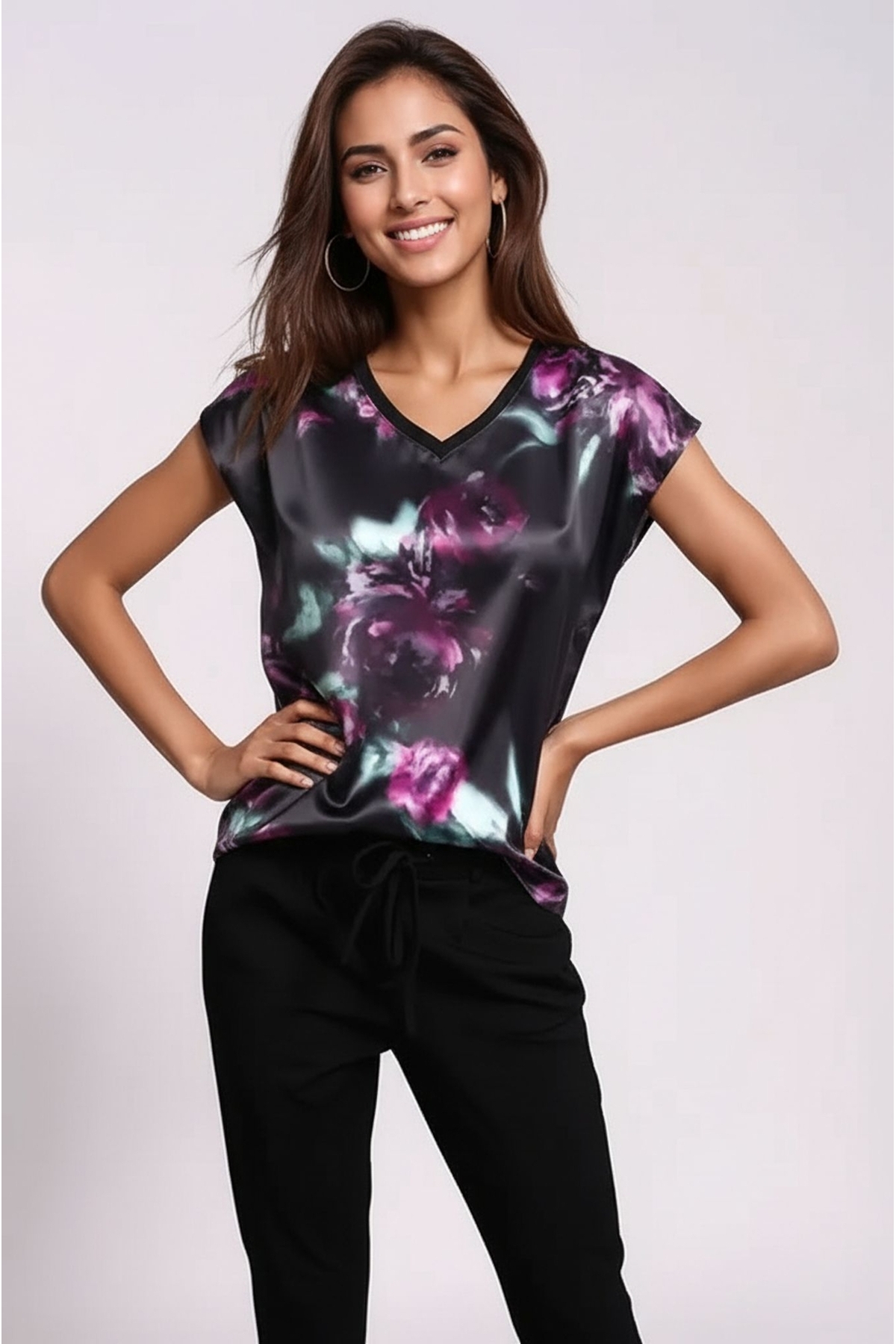 Women's V-Neck Satin Viscose Short Sleeve Sports Stylish Floral Pattern Blouse
