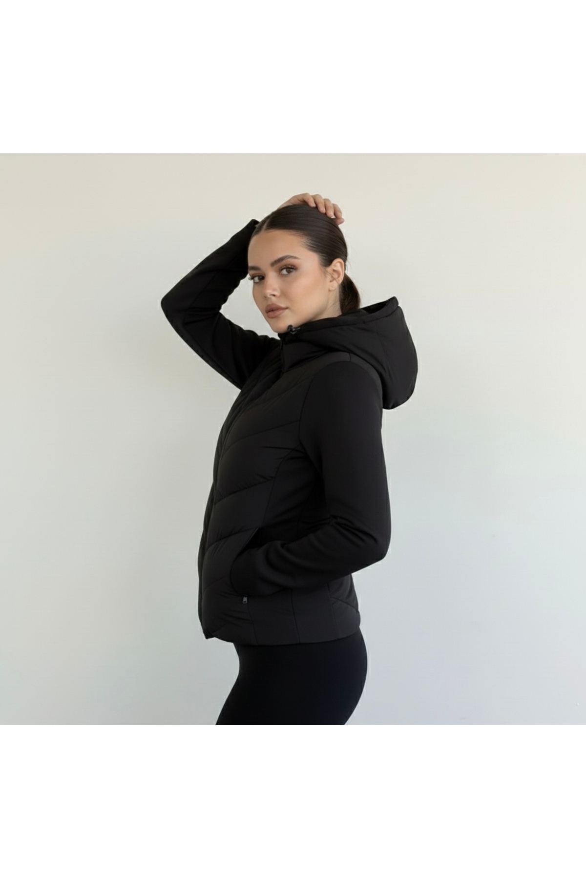 NEVEGE BUTİK Siyah Kapüşonlu Kontrast Şişme Mont Kışlık Slim Fit Rüzgar Geçirmez Fermuarlı Kadın Mont görsel 6