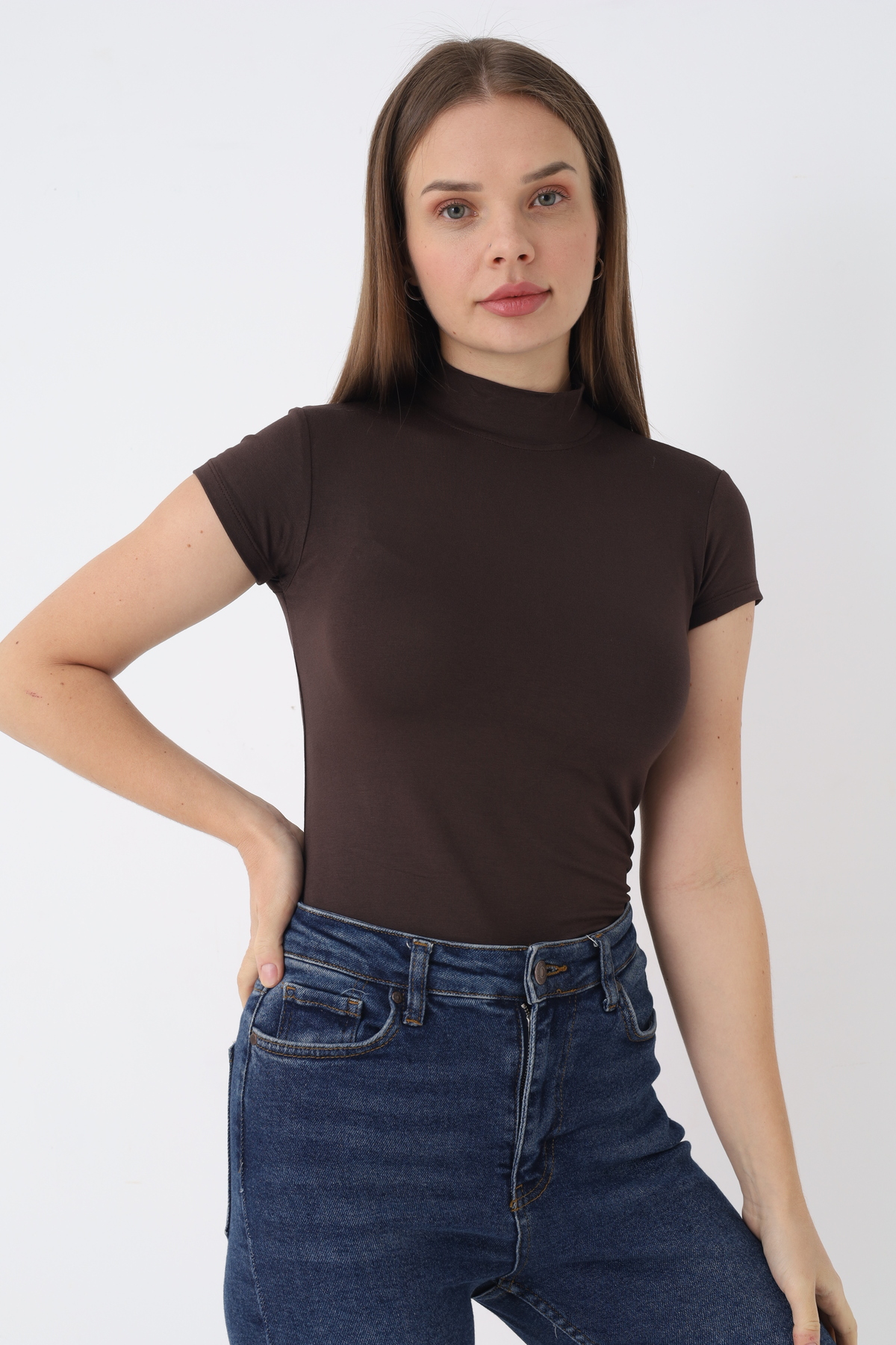 SIR İç Giyim Women's Bitter Brown Short Sleeve Turtleneck Bodysuit