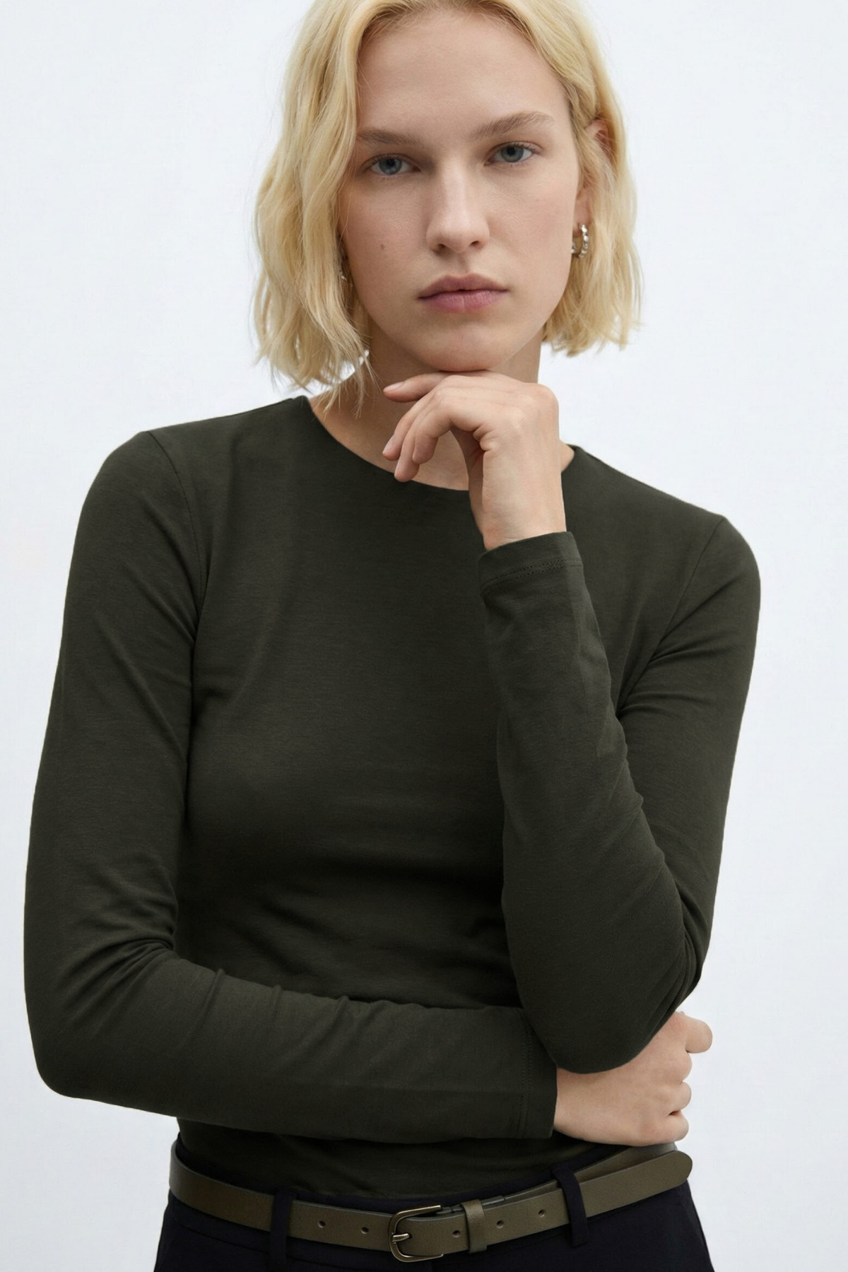 VODENS Haki Bisiklet Yaka Basic Ultra Soft %100 Pamuk Uzun Kol Body Bluz