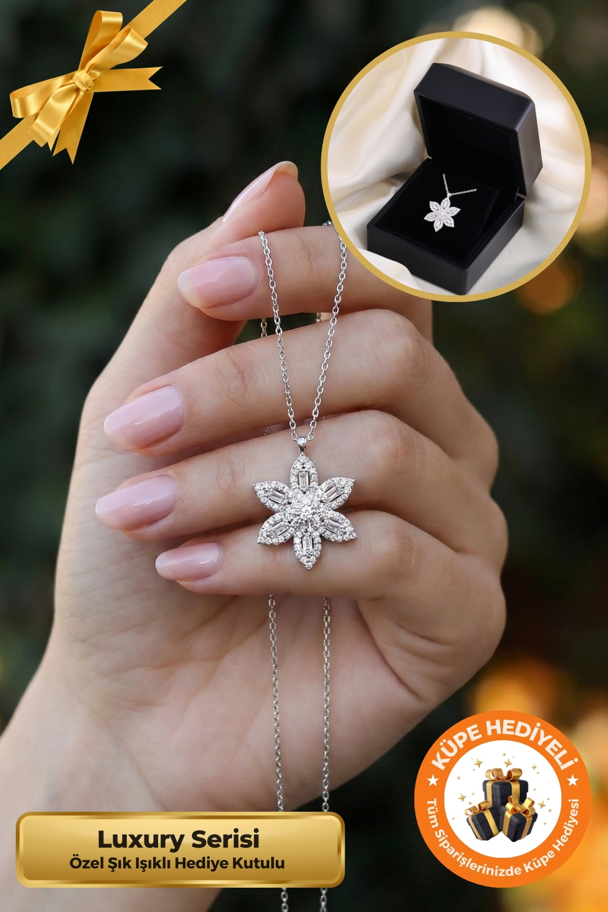 Lucente Jewellery Işıklı Hediye Kutulu Baget Taşlı Lotus Çiçeği 925 Ayar Gümüş Kaplama Şık Kadın Beyaz Lotus Kolye