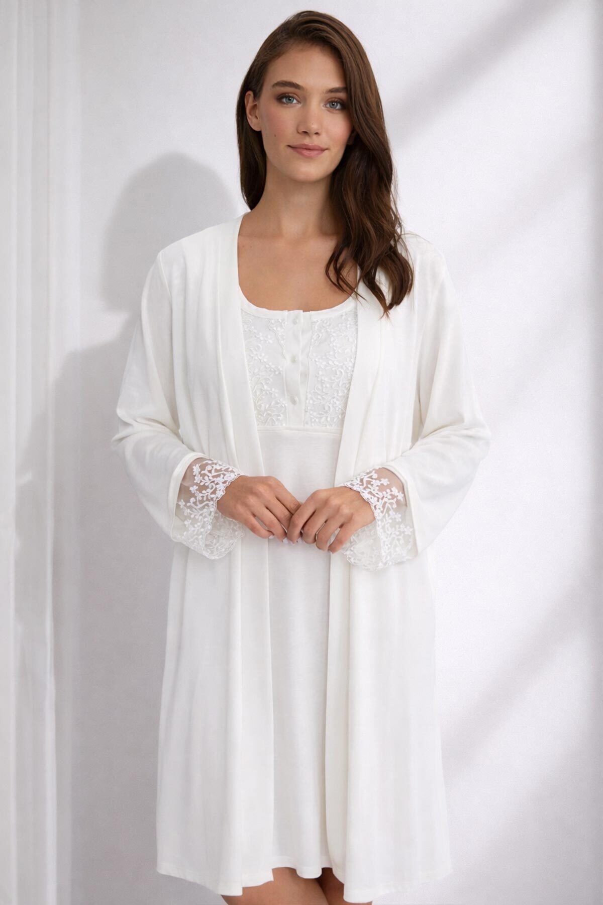 AYYILDIZ 3910 Ekru Lohusa Gecelik Sabahlık Takım