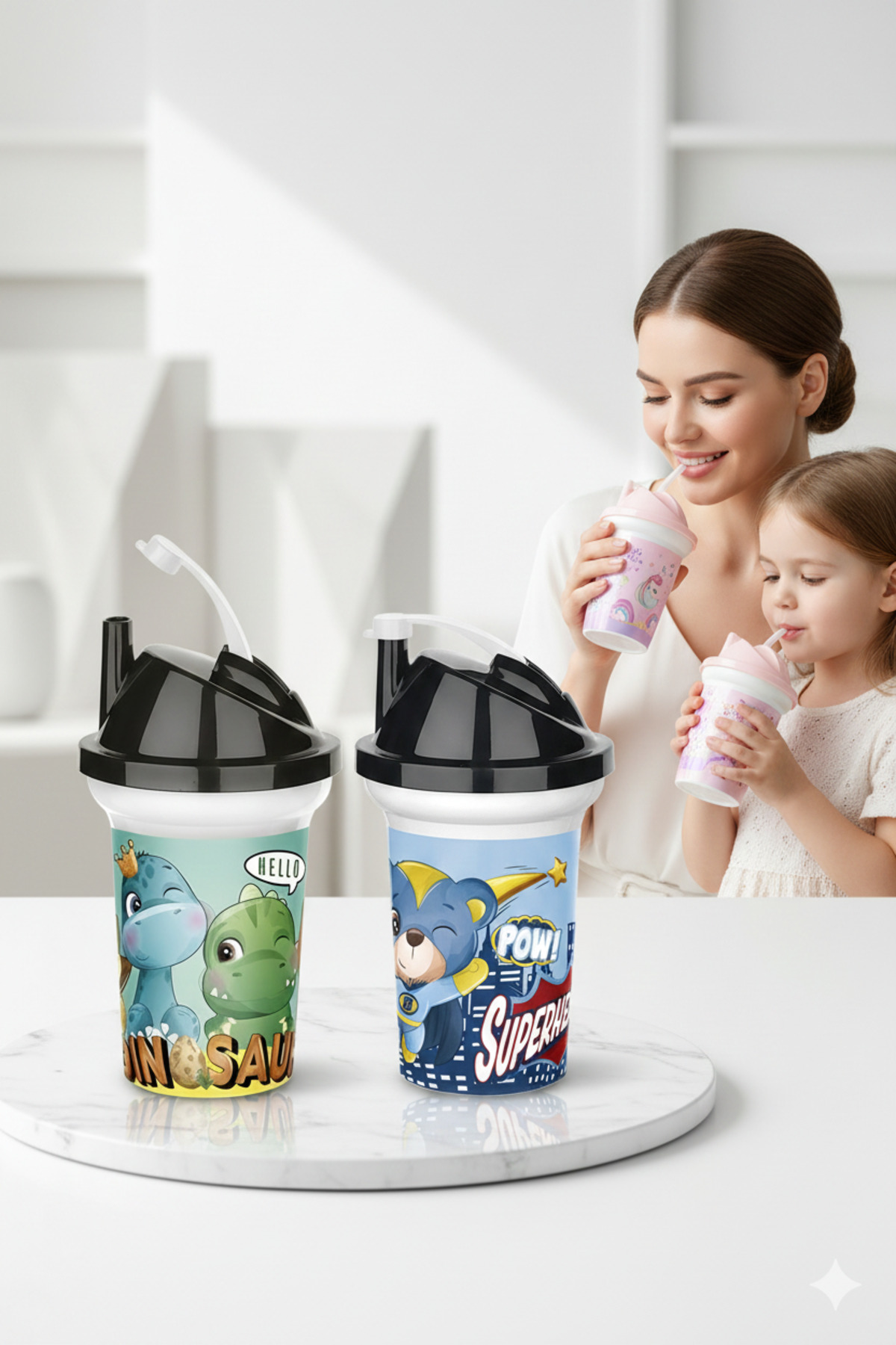 Transformacion Çocuk Pipetli Bardak Seti 2'li Unicorn & Kedi Figürlü İkili Eğlenceli Kapaklı Suluk Matara 300 ml fotoğrafı 3 (önizleme)