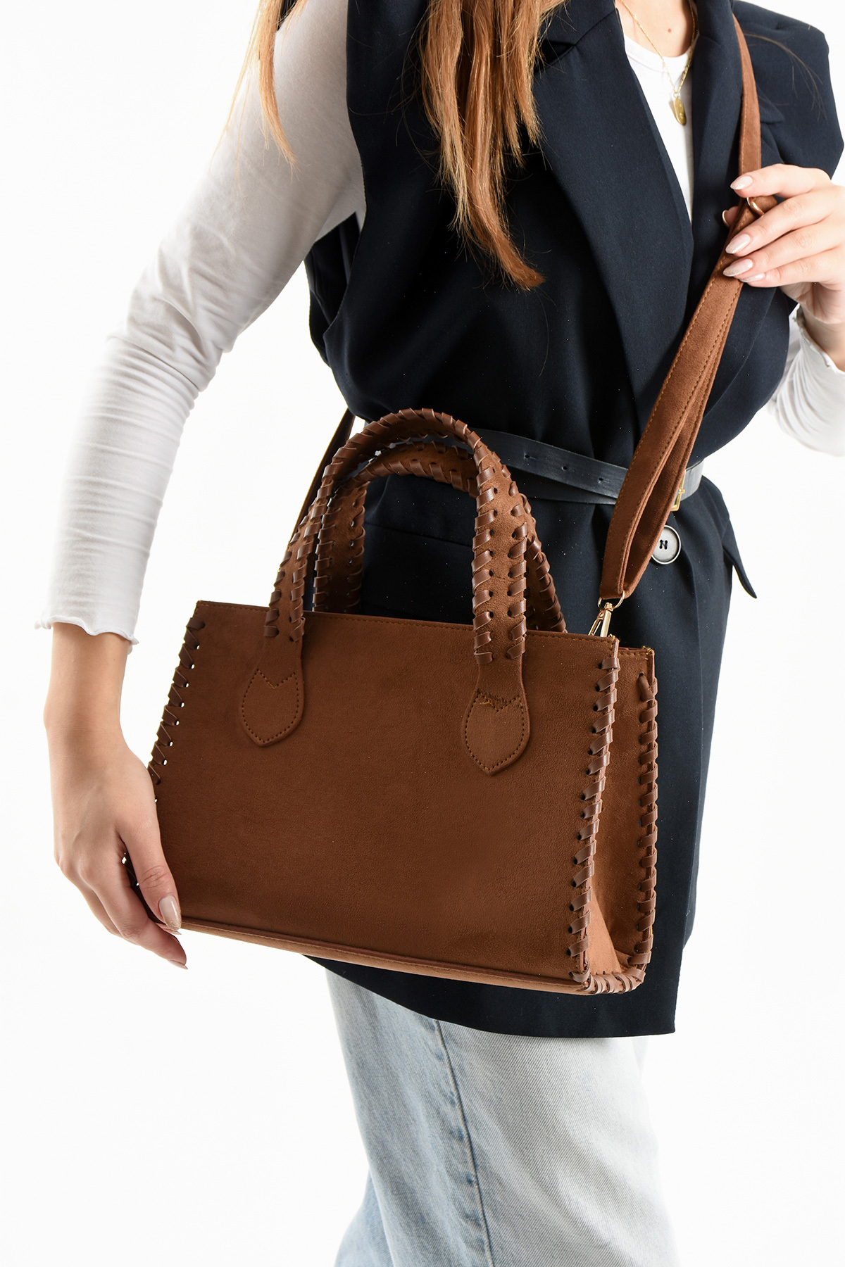 DİAZ MODEL TAN SUEDE KNIT PATTERNED WOMEN 'S HAND AND SHOULDER BAG