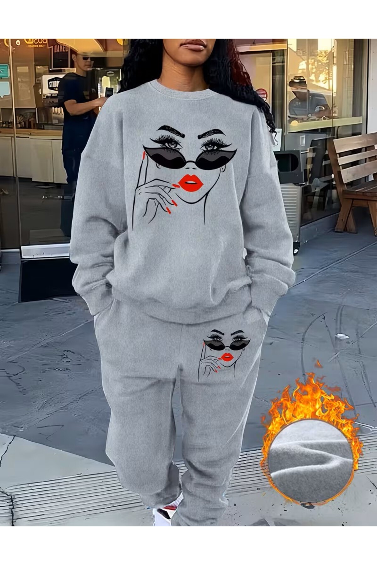 Eyelash Lips Makeup Baskılı Kadın Alt-Üst Eşofman Takımı — خاکستری buse ürün