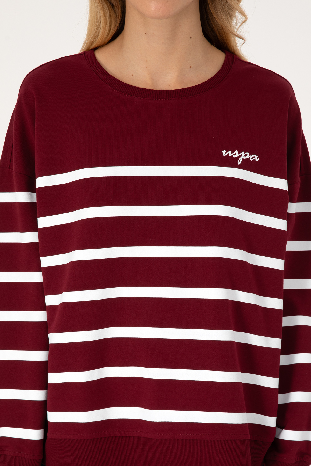 U.S. Polo Assn.  Kadın Bordo Çizgili Bisiklet Yaka Sweatshirt 50313572-VR014 - Görsel 6