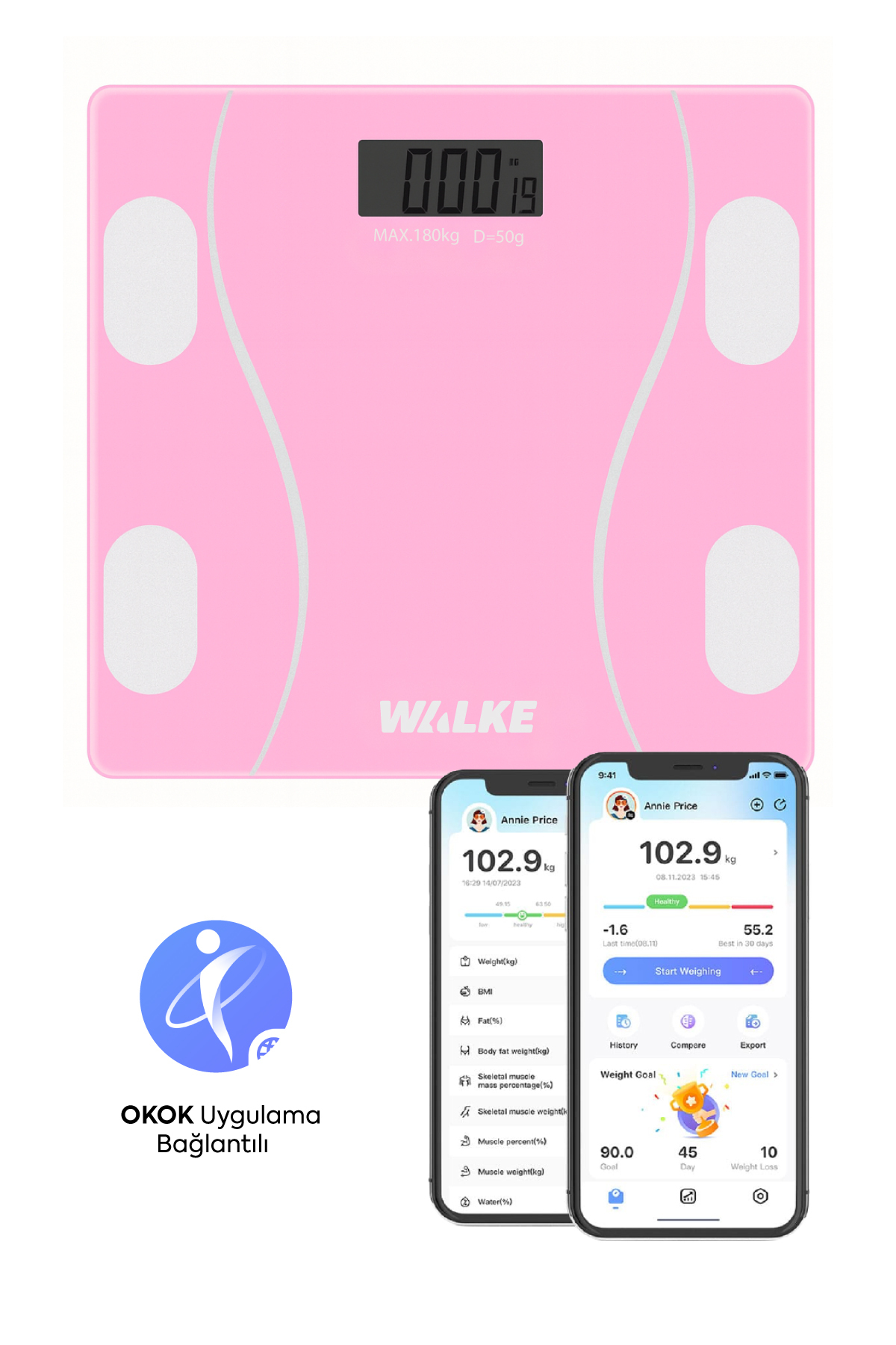 Premium Series Digital Scale Fat Water Muscle Body Mass Index Weight Meter Scale 30 * 30 Cm Pink