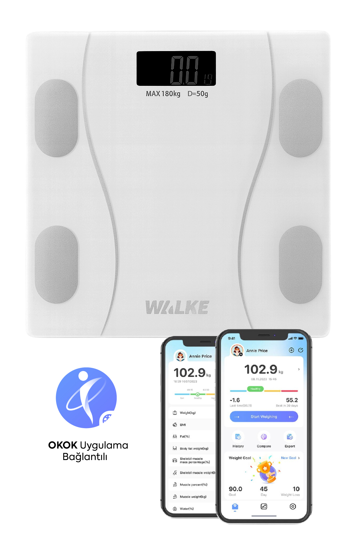Premium Series Digital Scale Fat Water Muscle Body Mass Index Weight Meter Scale 30 * 30 Cm White