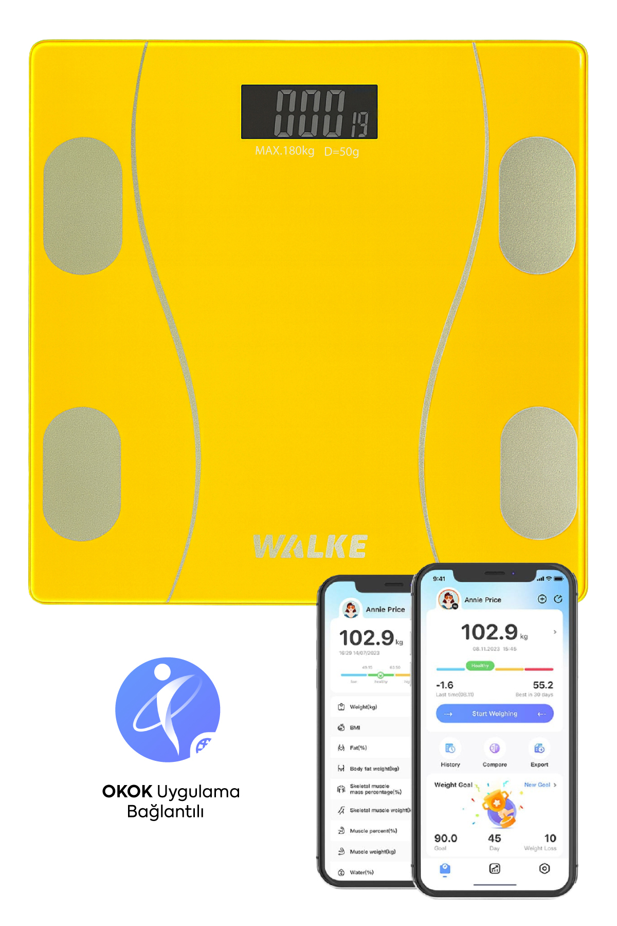 Premium Series Digital Scale Fat Water Muscle Body Mass Index Weight Meter Scale 30 * 30 Cm Yellow