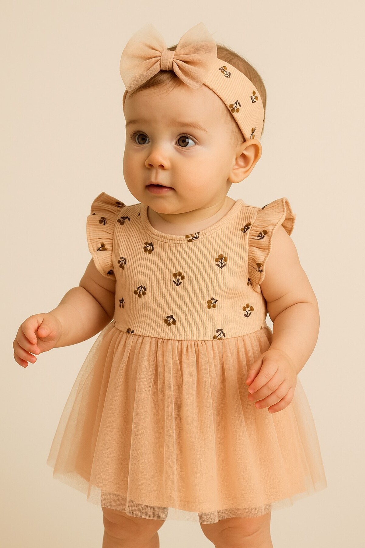 Chicsy Baby Kız Bebek Çiçek Nakışlı Tül Etekli Premium Elbise ve Taç Takımı fotoğrafı 3 (önizleme)