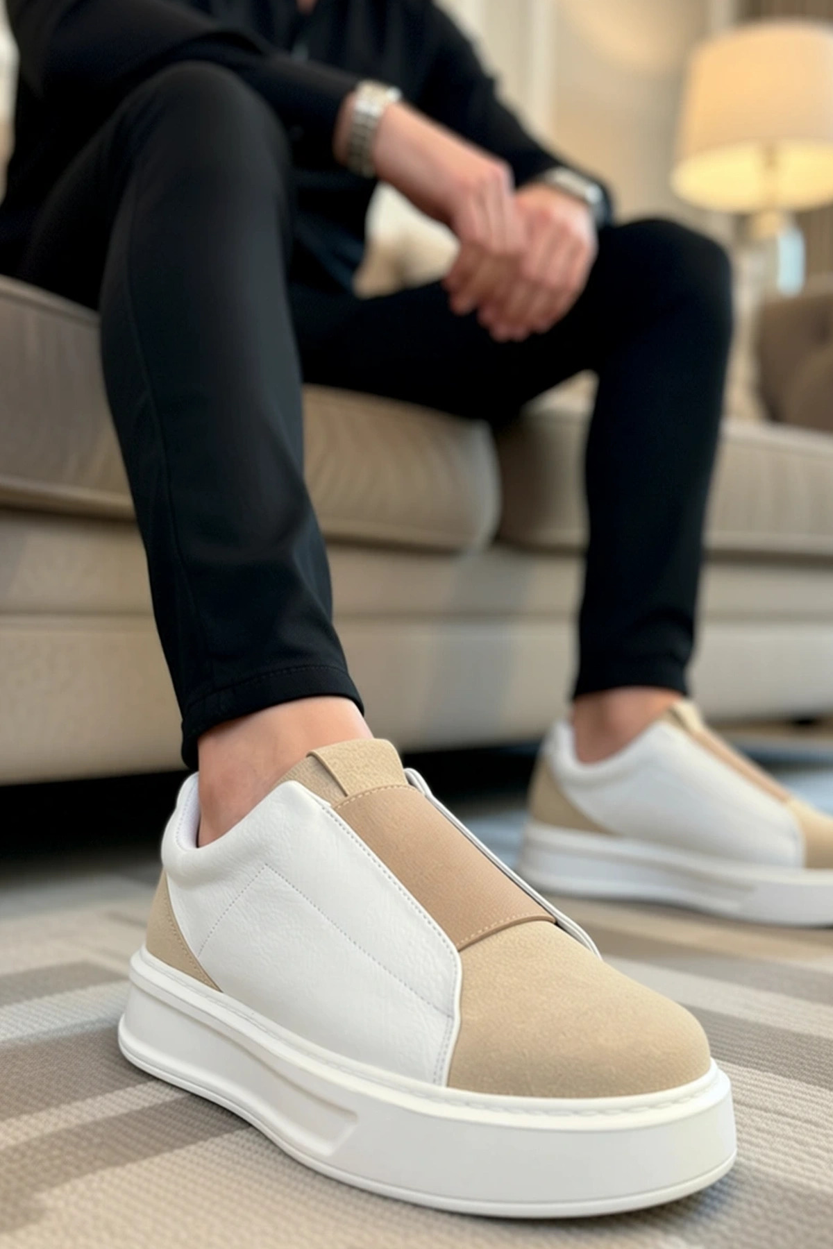 Erkek Günlük Sneaker Düşük Yaka Bağcıksız Kalın Taban Deri Süet Fonksiyonel Dayanıklı Spor