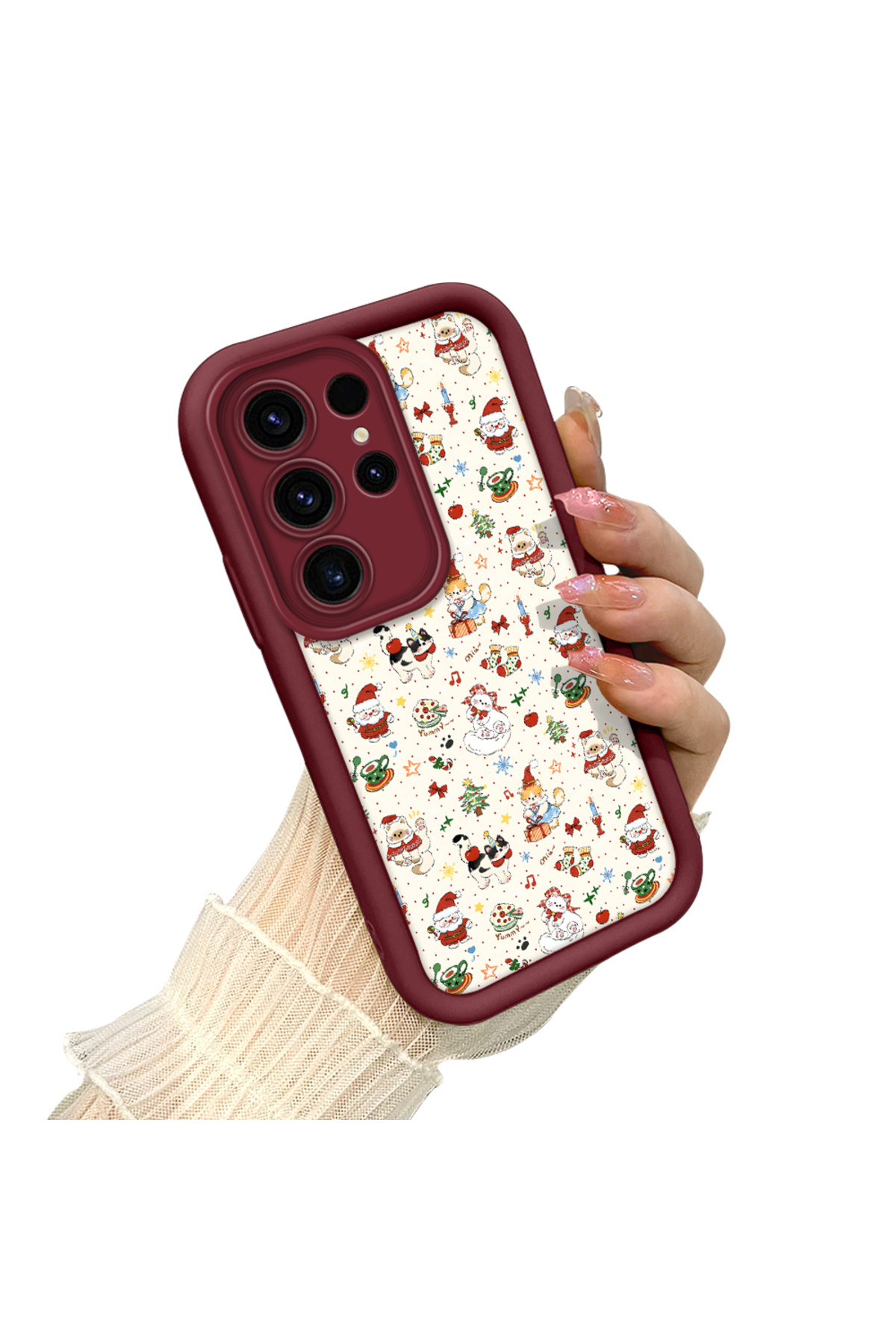 Samsung Galaxy S23 Ultra Compatible Christmas Pattern Claret Red Silicone Anti-Fall Pouch