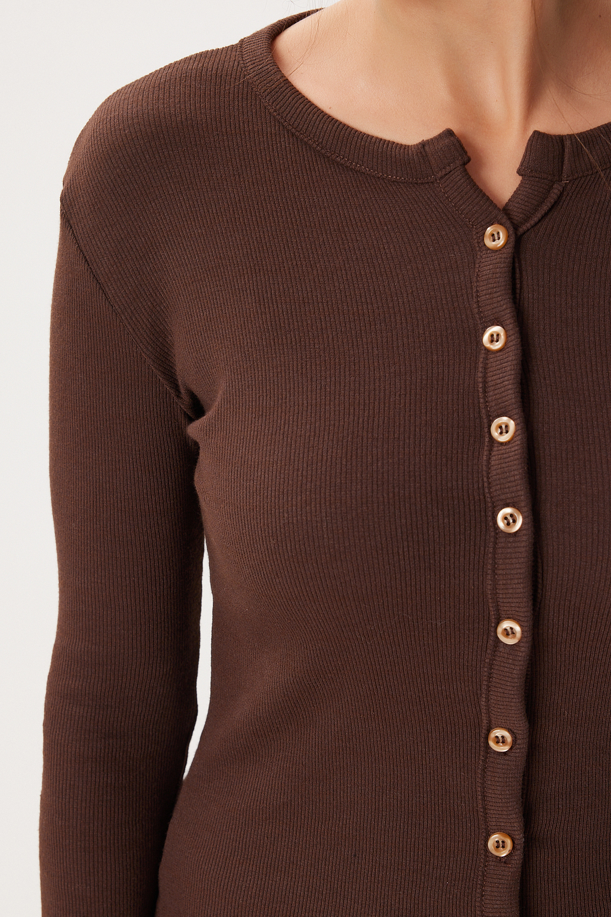 Lovelyİstanbul  Düğmeli Basic Fitili Örme Hırka LRN0001 KAHVERENGİ - Görsel 3