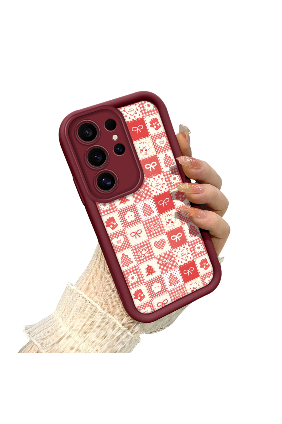 Samsung Galaxy S25 Ultra Compatible Christmas Pattern Claret Red Silicone Anti-Fall Pouch