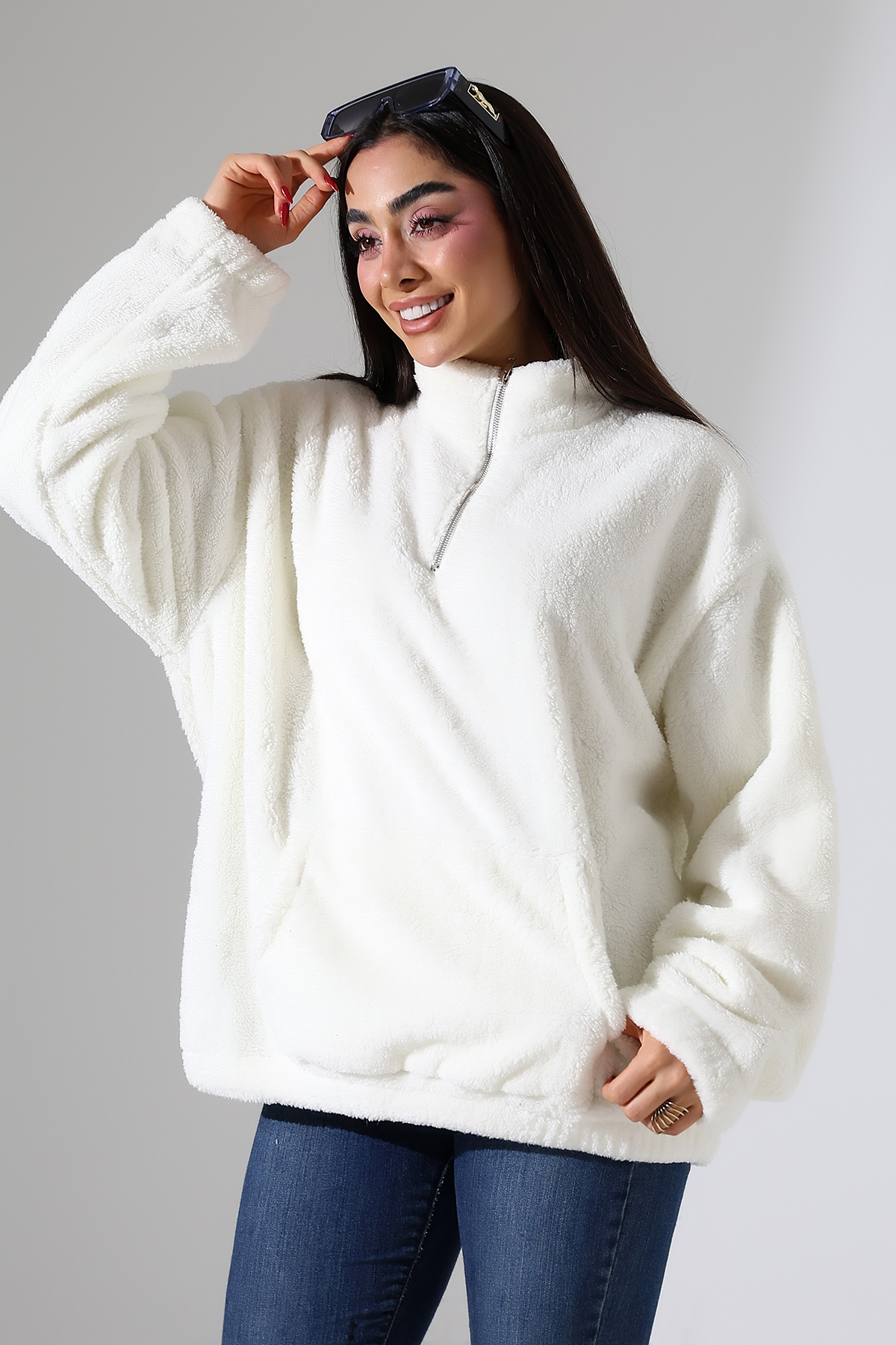 DİVİSTA Kadın Yaka Fermuarlı Uzun Kollu Peluş Sweatshirt görsel 3