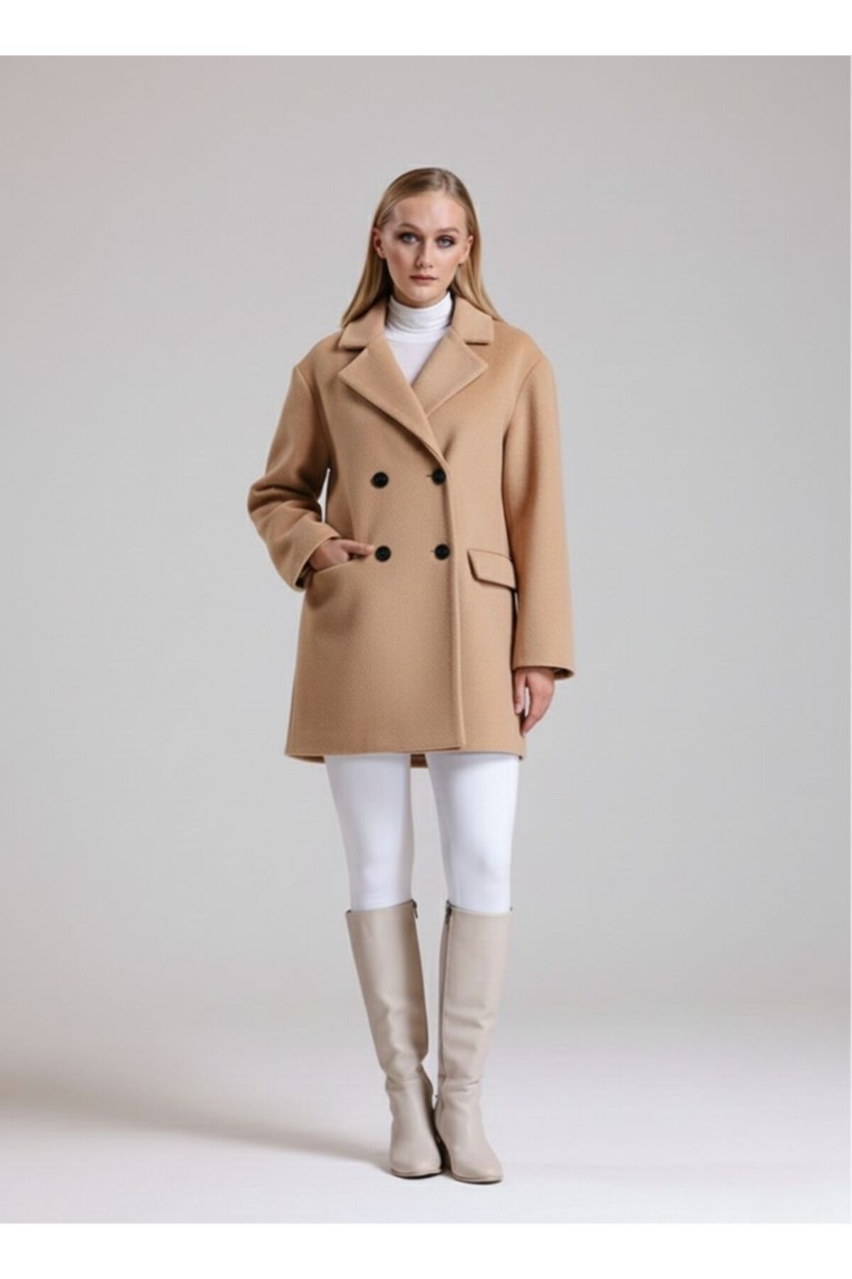 Textured Double Breasted Camel Cachet Coat