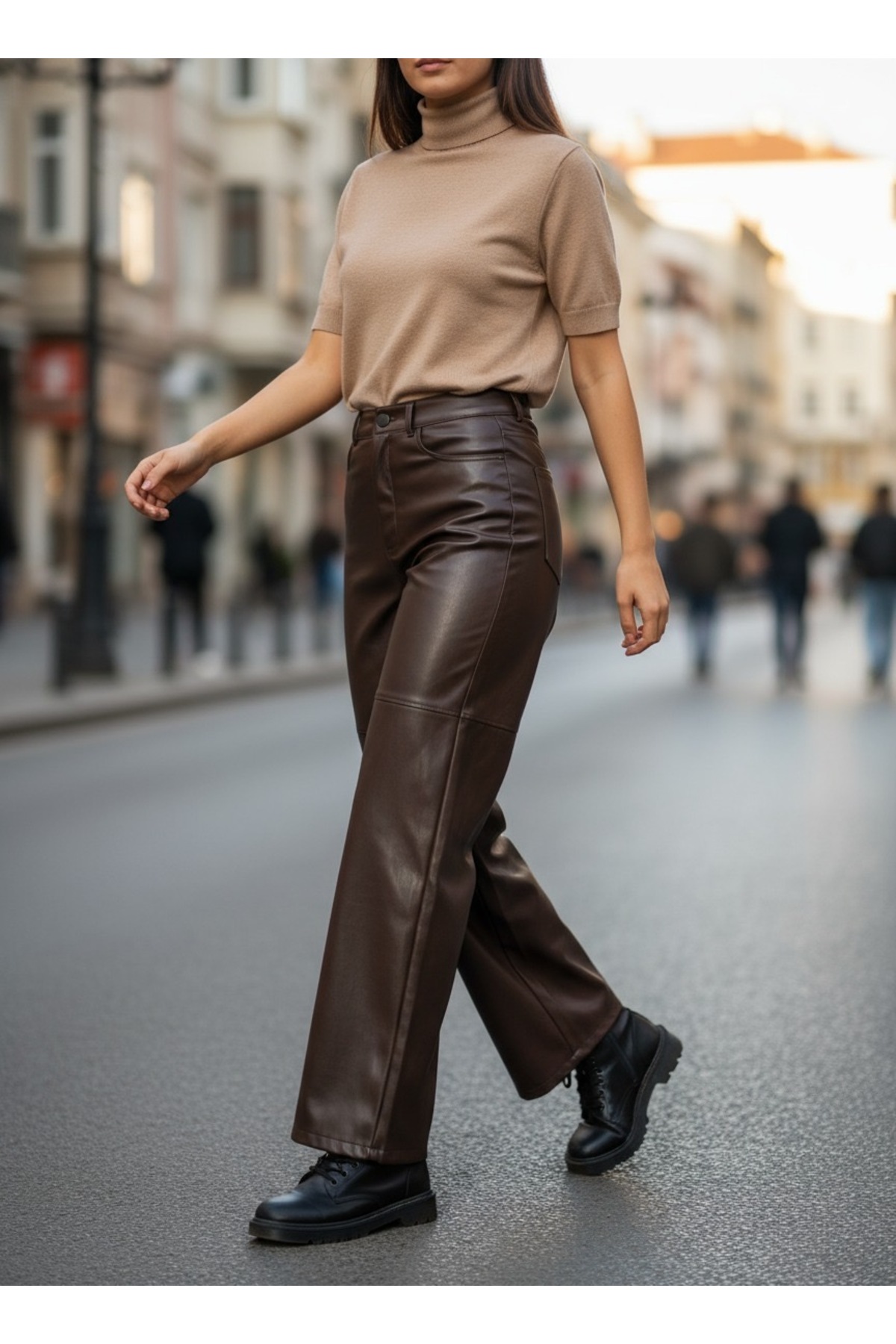 Grenj Fashion  Kahverengi Relaxed Boru Paça Dikiş Detaylı Deri Pantolon - Görsel 4