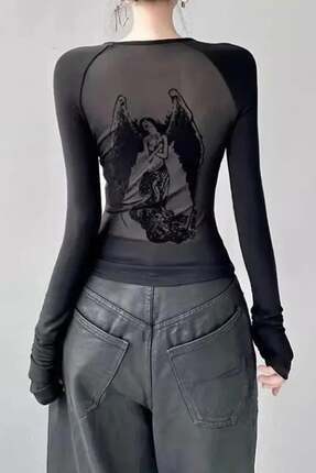 Karakedi Gothic Transparan Angel Wings Sırt Detaylı Uzun Kollu Siyah Body