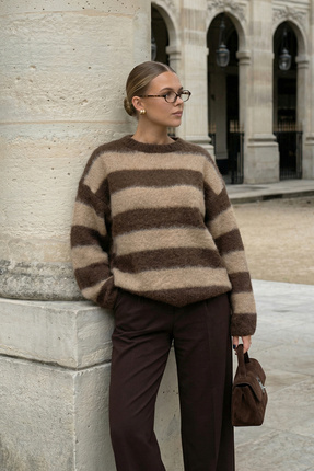 CHUBA Premium Kadın Oversize Moher Yün Çizgili Kazak Kahve-Bej 26W3039