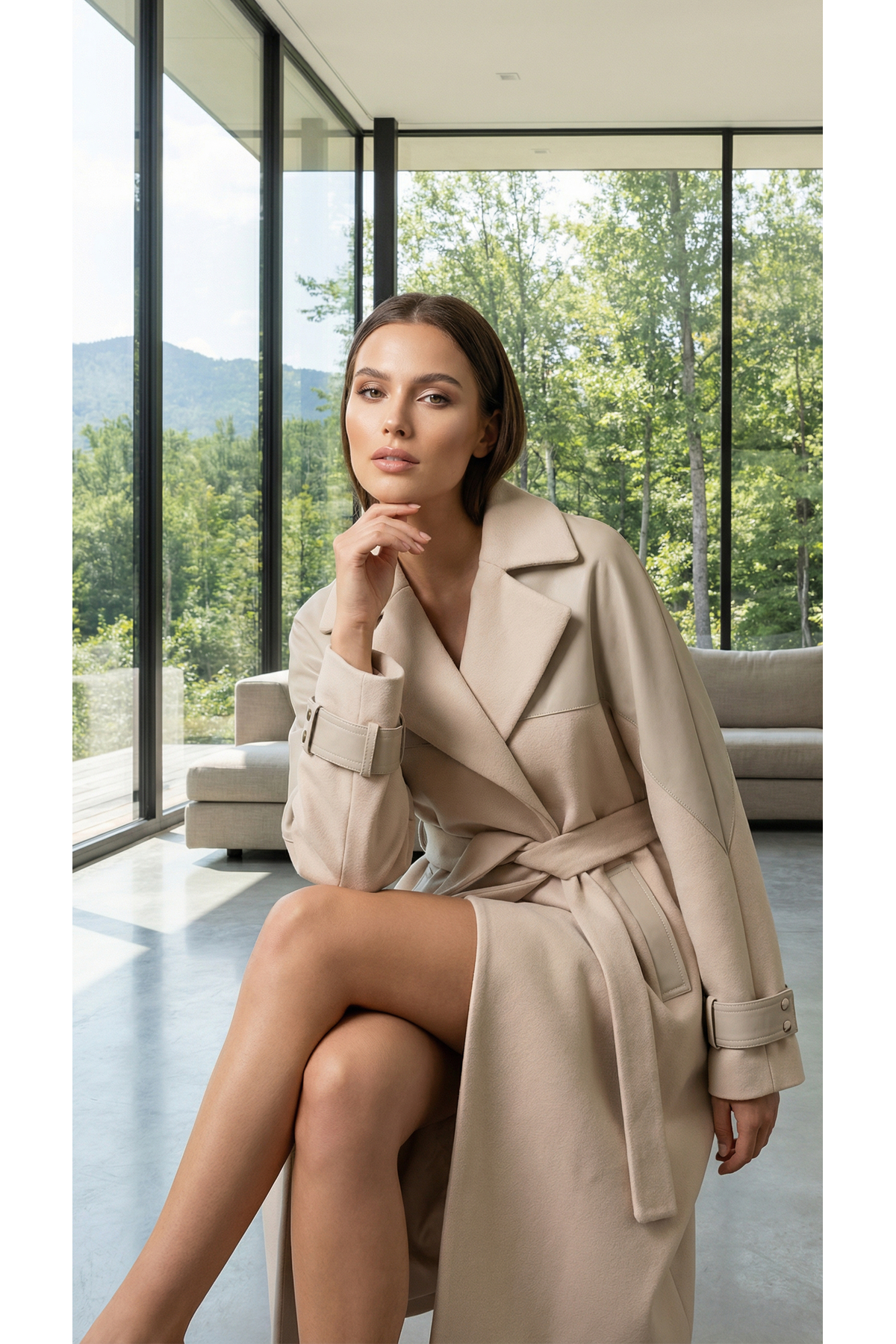 Doggy  Kadın Klasik Kuşaklı Kaşe Palto - Bej Uzun Kesim Şık Model - Görsel 3