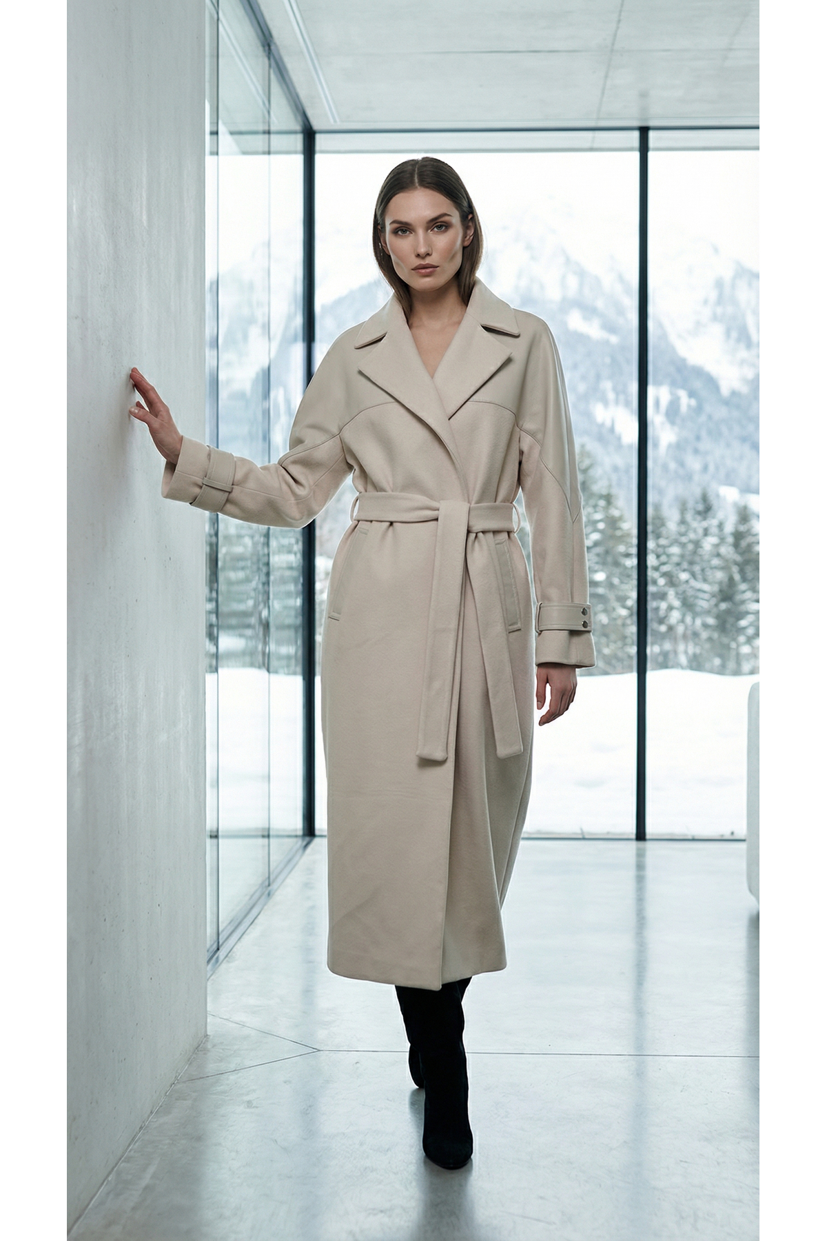 Doggy  Kadın Klasik Kuşaklı Kaşe Palto - Bej Uzun Kesim Şık Model - Görsel 4