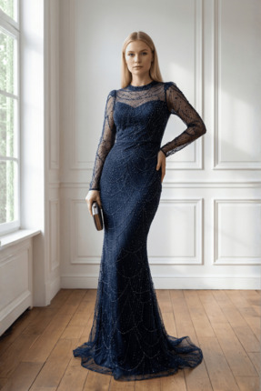 BEYBOS Full Boncuklu Kumaş Balık Abiye Elbise - LACİVERT