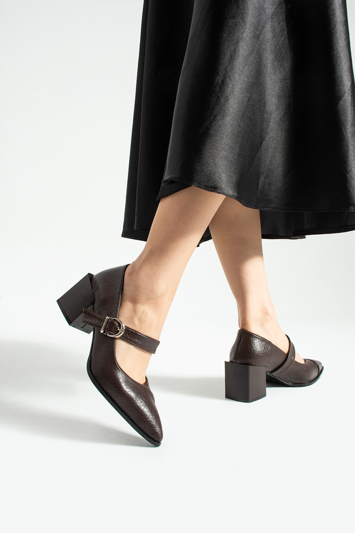 RevanStep  Kadın Sivri Burun Topuklu Ayakkabı - Hakiki Deri İç Taban Mary Jane Kalın Topuk - Görsel 9