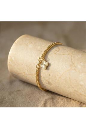 Zeino Yonca Uçlu Charm Hasır Zincir Bileklik - 14K Altın Rengi Kaplama, 19 cm