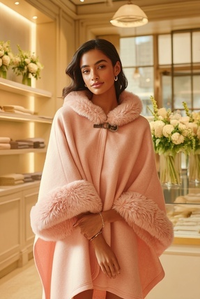 LAGRANZE Soft Glam Kadın Kürk Yaka Şal Panço