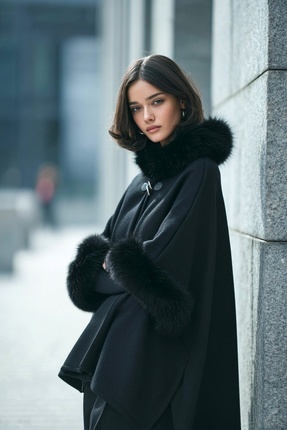 LAGRANZE Soft Glam Kadın Kürk Yaka Şal Panço