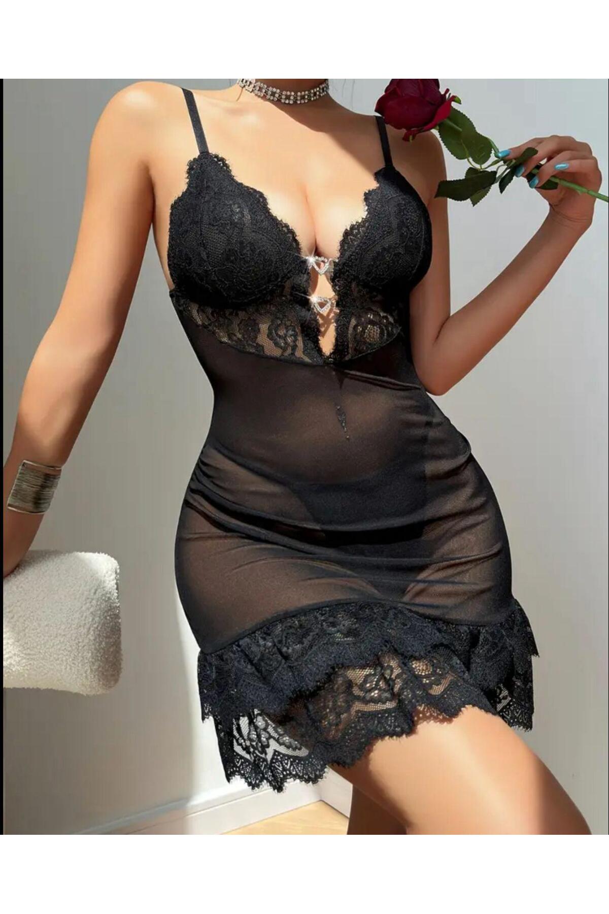 STARRY NIGHT Askılı fırfır detaylı gecelik tanga hediyelidir