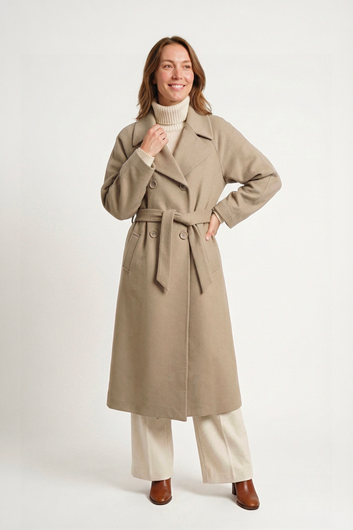 Soydan Güner  Kadın Oversize Kuşaklı Uzun Kaban (Gerçek Bedenden 2 Beden Büyük) Bej 2050 - Görsel 4