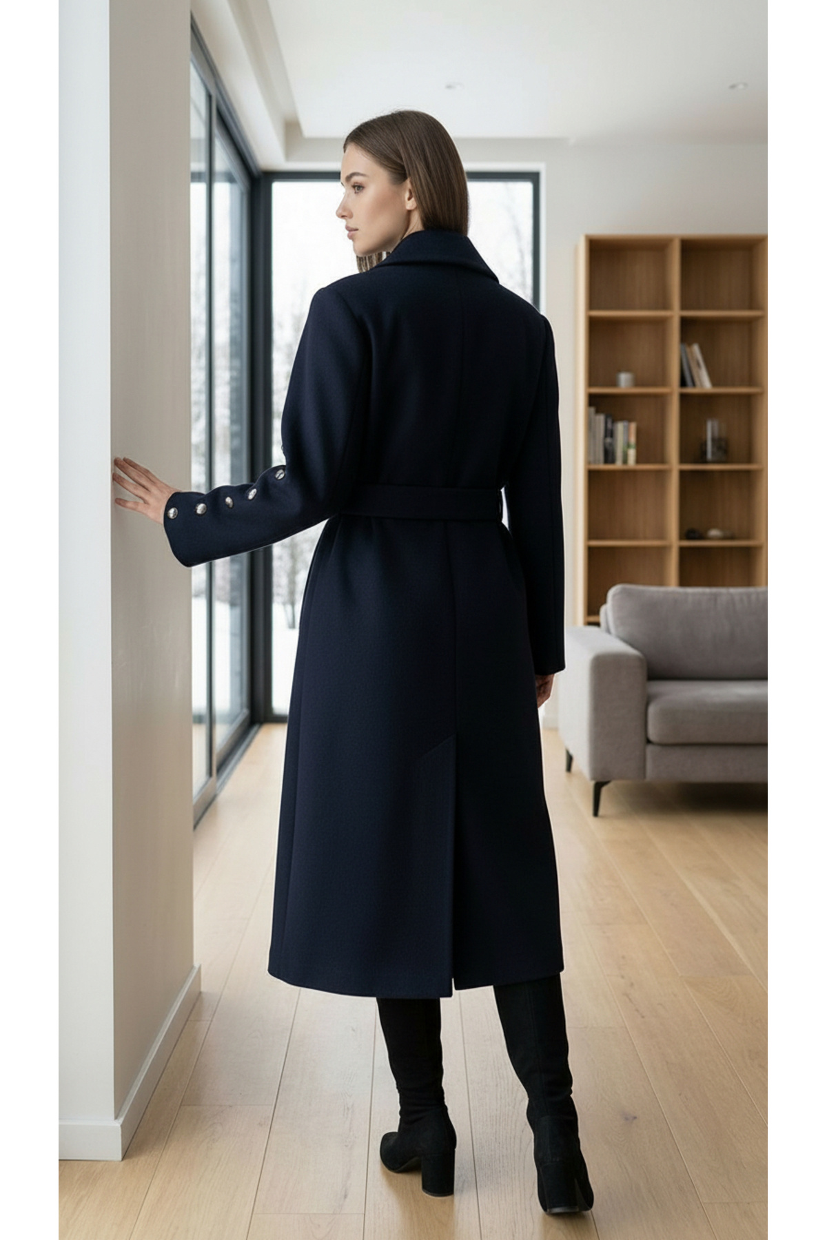 DOGGİ  Kadın Düğme ve İspanyol Kol Detaylı Kuşaklı Uzun Kaşe Palto - Görsel 6