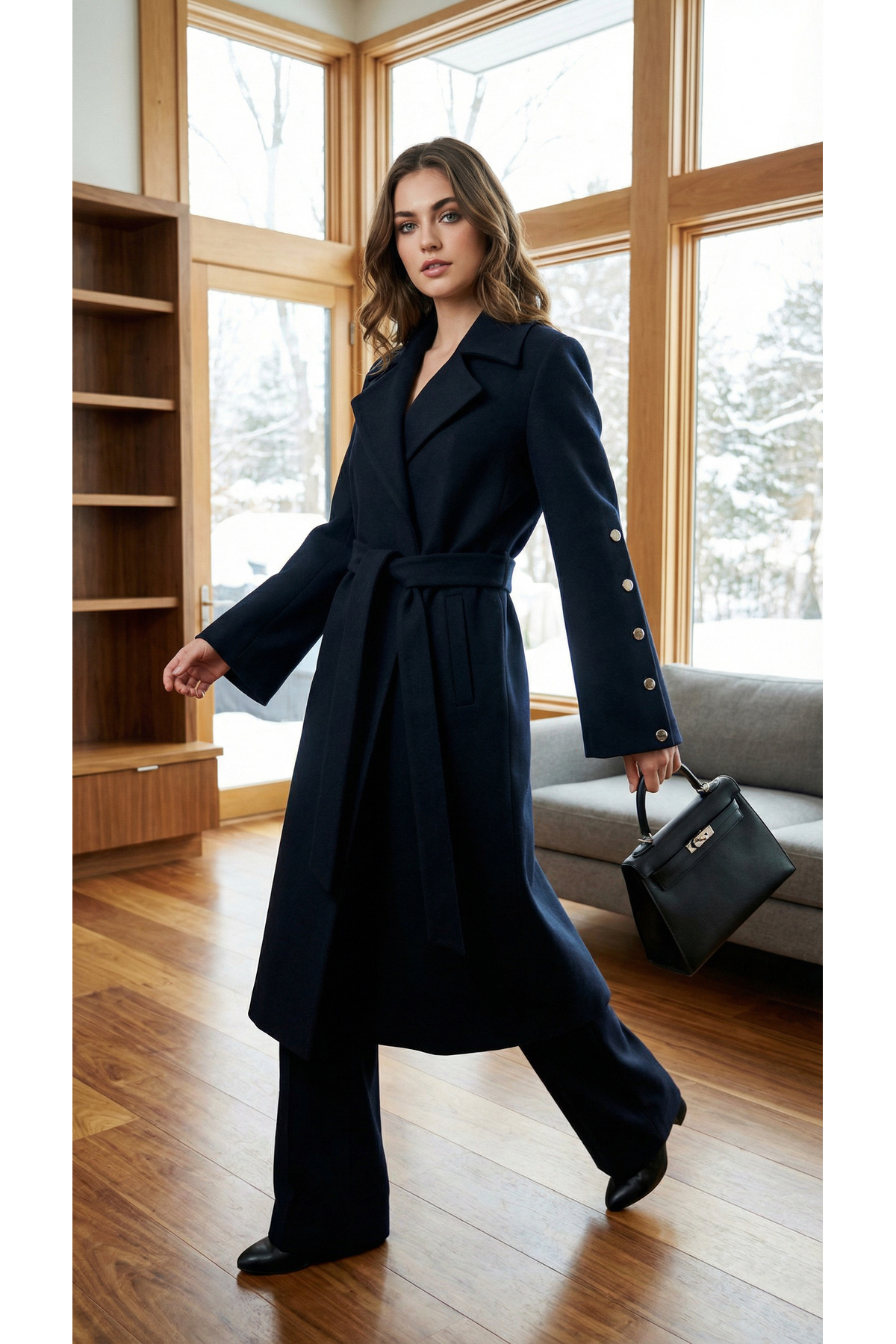 DOGGİ  Kadın Düğme ve İspanyol Kol Detaylı Kuşaklı Uzun Kaşe Palto