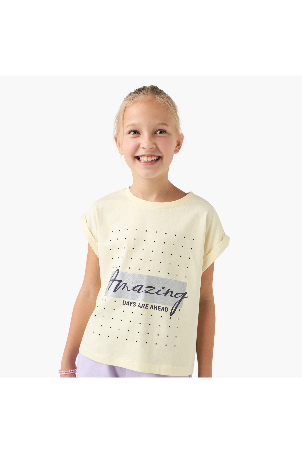 Juniors Graphic Print Crew Neck T-shirt with Extended Sleeves