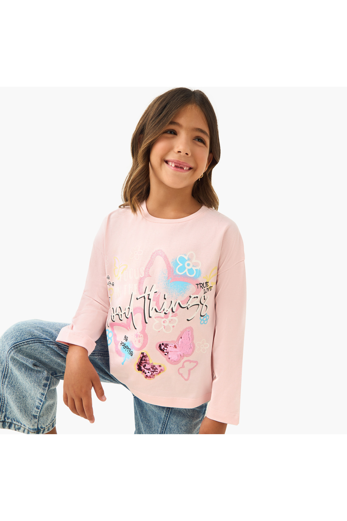 Juniors Printed T-shirt with Long Sleeves