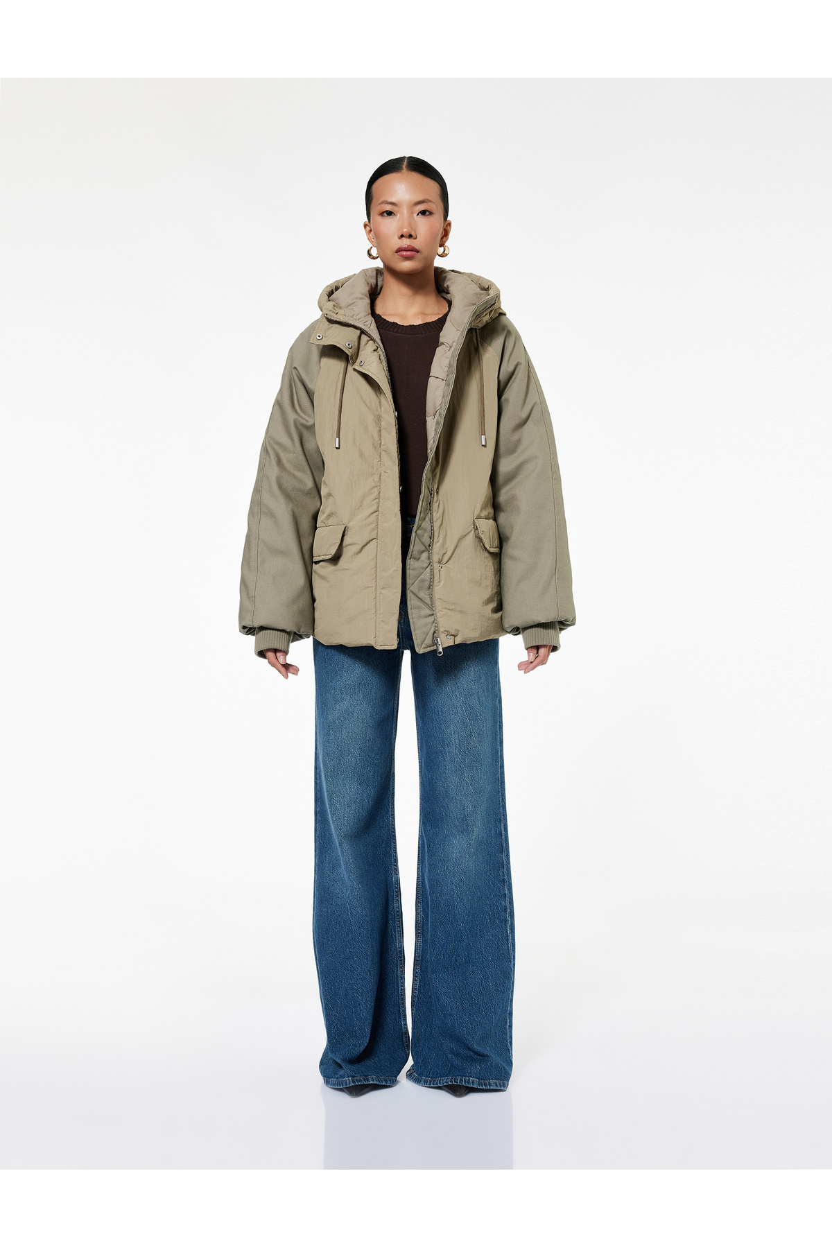 Koton  Uzun Kollu Cepli Kapüşonlu Bomber Mont - Görsel 3