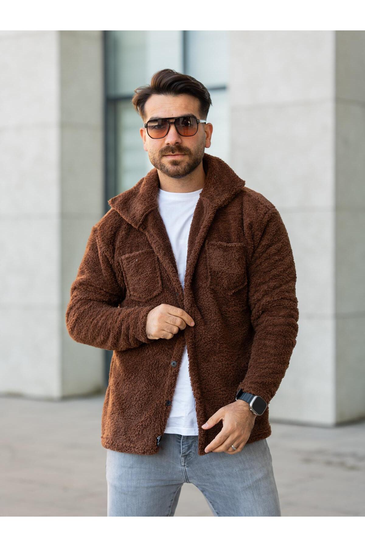 Unisex Kahverengi Peluş Gömlek Yaka Düğmeli Çift Cepli Regular Fit Wersoft Polar Kumaş — قهوه‌ای E6004 — تصویر 3 از 6