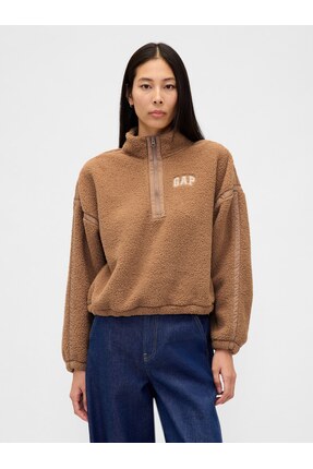 GAP Kadın Açık Kahverengi Recycled Oversized Crop Yarım Fermuarlı Sweatshirt