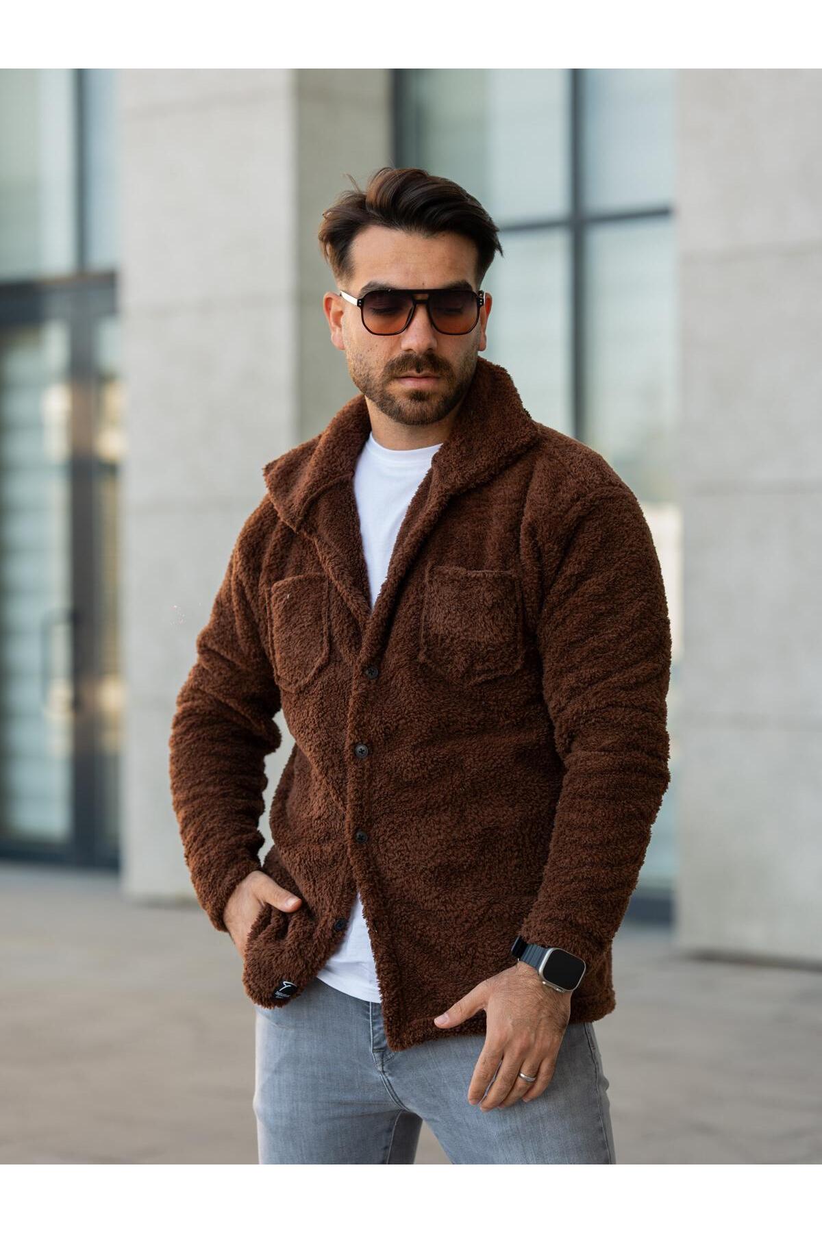 Unisex Kahverengi Peluş Gömlek Yaka Düğmeli Çift Cepli Regular Fit Wersoft Polar Kumaş — قهوه‌ای E6004 — تصویر 5 از 6