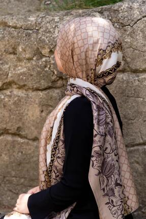 Vissona %100 İpek Yaprak Desenli Bej - Gold Renkli 92x210 Şal