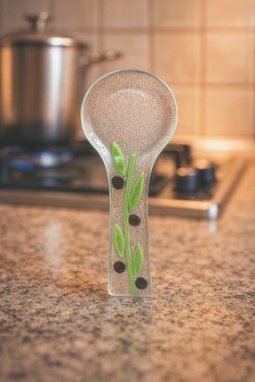 Le Kiv Home El Yapımı Cam Kaşık Altlığı – Minimal Zeytin Dalı Desenli