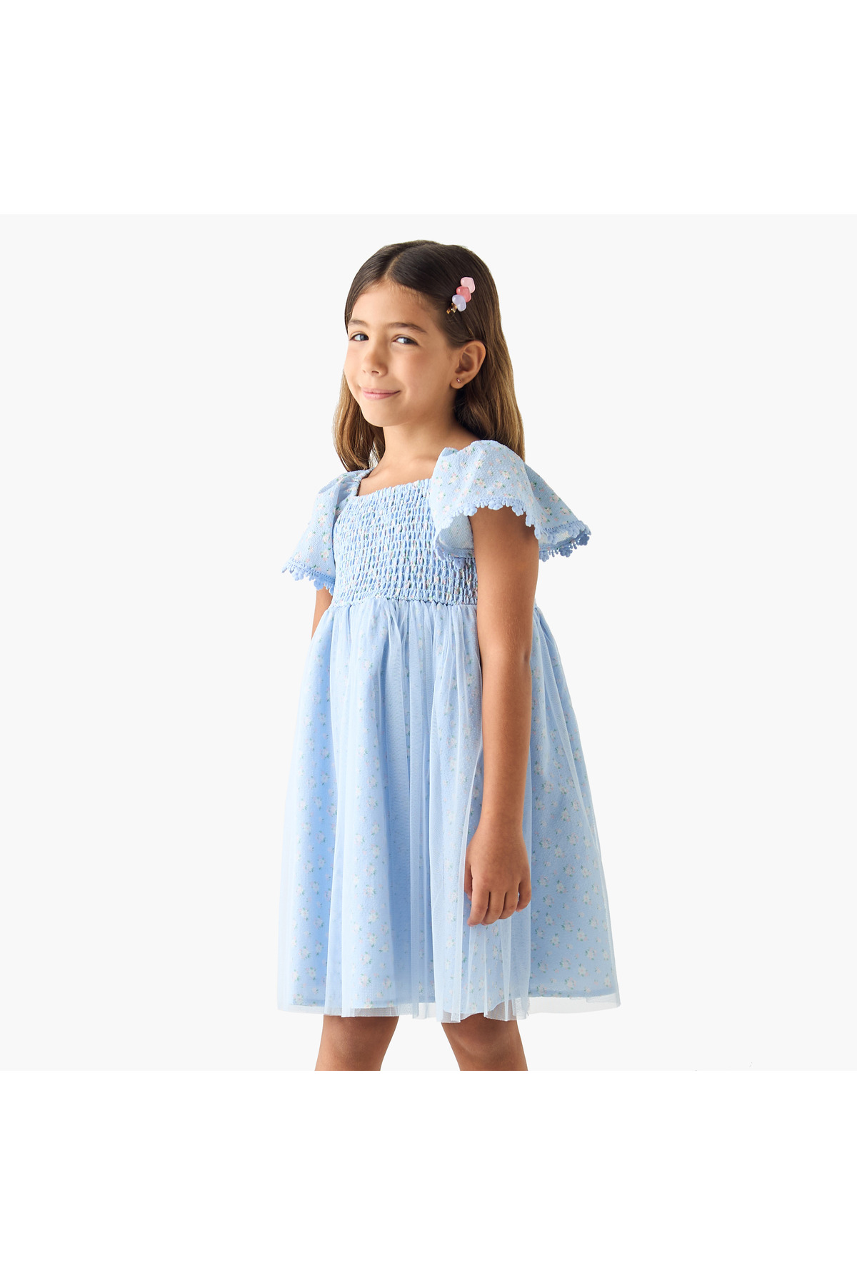 Juniors Floral Print A-line Dress with Square Neck and Smocked Detail
