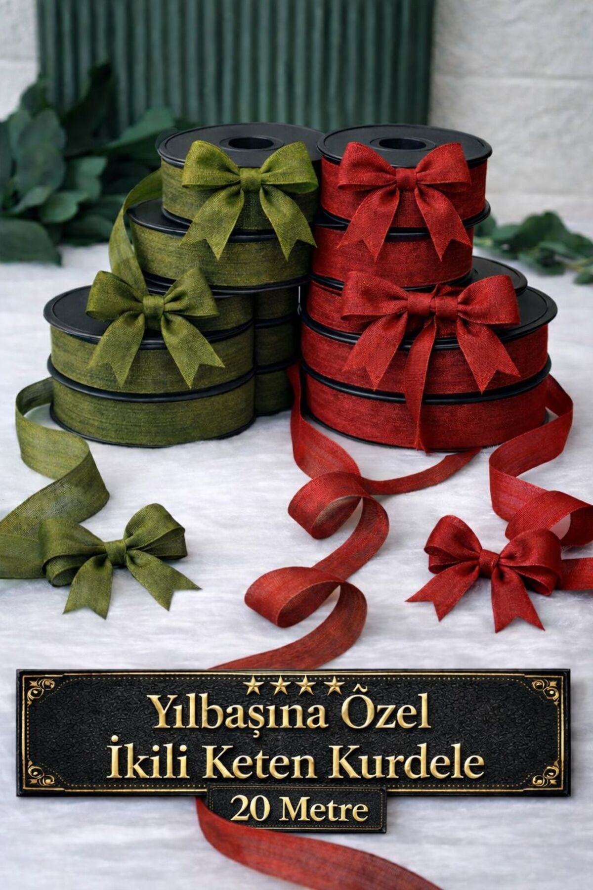 Linen Ribbon 2 Nopel Red / Green Linen Ribbon Total 40 Mt 2.5 Cm