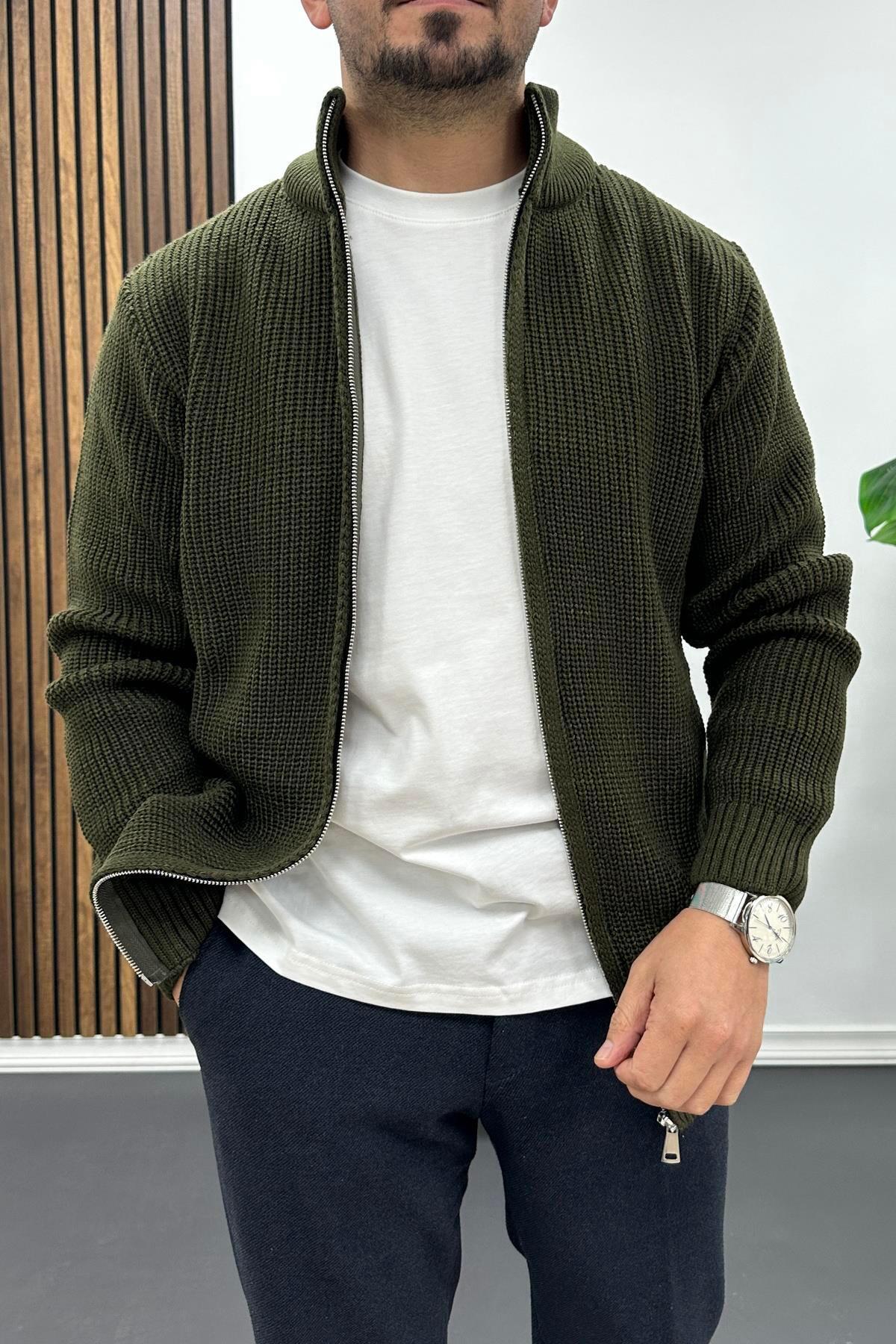 Edwox  Erkek Slim Fit Fermuarlı Hırka Yeşil Edw434