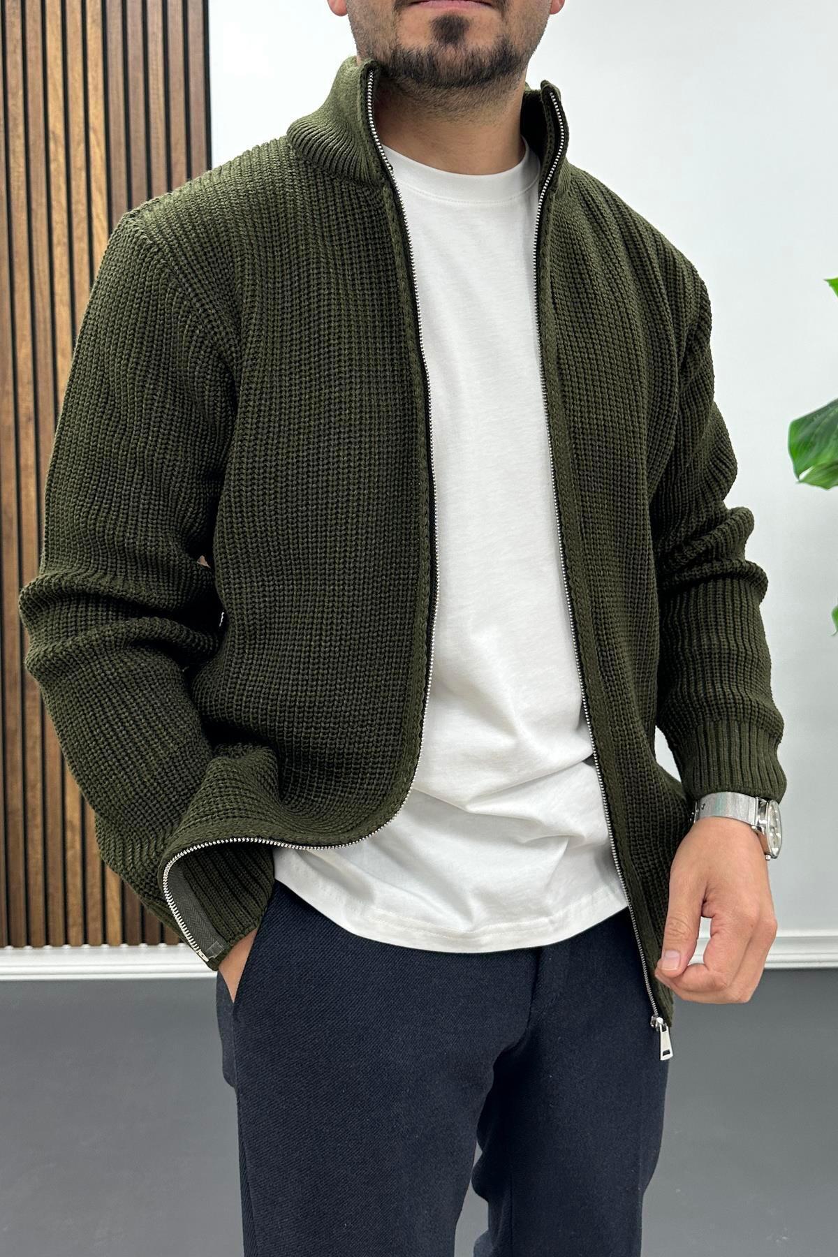 Edwox  Erkek Slim Fit Fermuarlı Hırka Yeşil Edw434 - Görsel 3