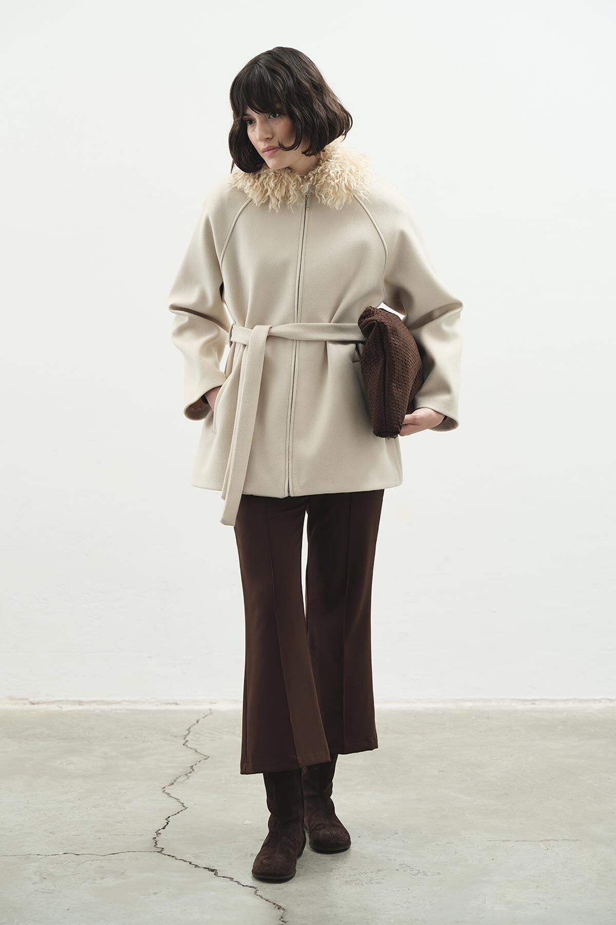 Hooopstore Kürk Yaka Bej Kaban